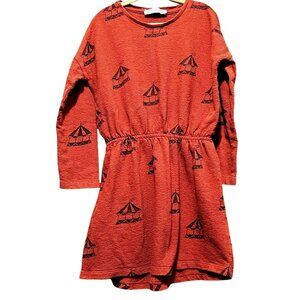 Sproet & Sprout Rust Red Sailboat Print Girls Dress 100% Cotton Long Sleeve Elas